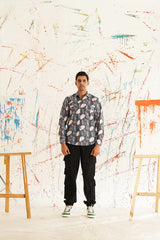 Printed Grey Spread Collar Cotton Curved Casual Shirt-SF-930Grey