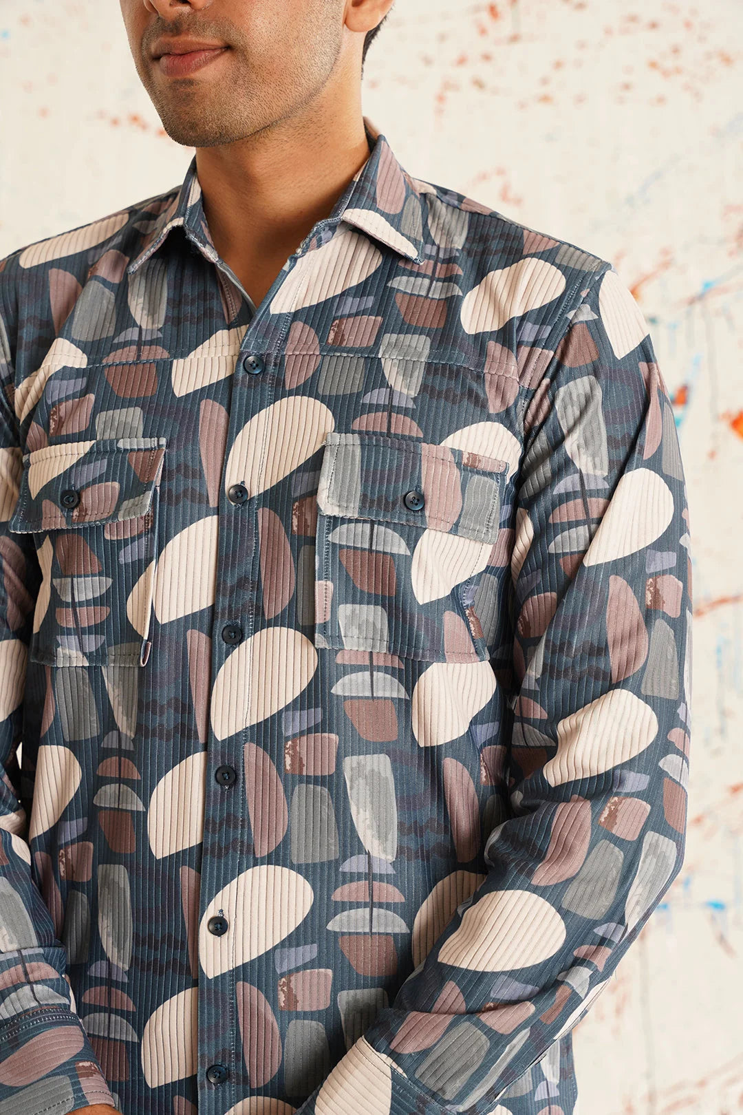 Grey Printed Cotton Shirt - Spread Collar Casual Mens Shirt