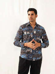Navy Blue Printed Spread Collar Cotton Curved Casual Shirt-SF-930Navy