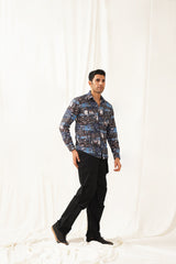 Navy Blue Printed Spread Collar Cotton Curved Casual Shirt-SF-930Navy