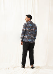 Navy Blue Printed Spread Collar Cotton Curved Casual Shirt-SF-930Navy