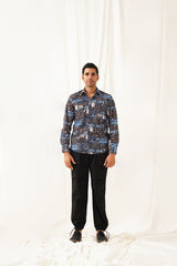 Navy Blue Printed Spread Collar Cotton Curved Casual Shirt-SF-930Navy