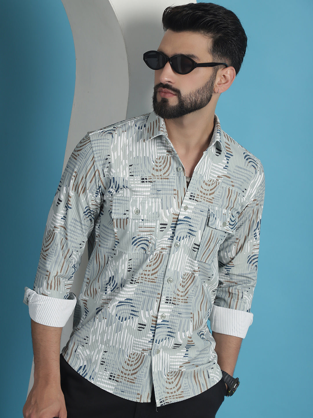 Men Printed Corduroy Cotton Shirt-SF-930Pista