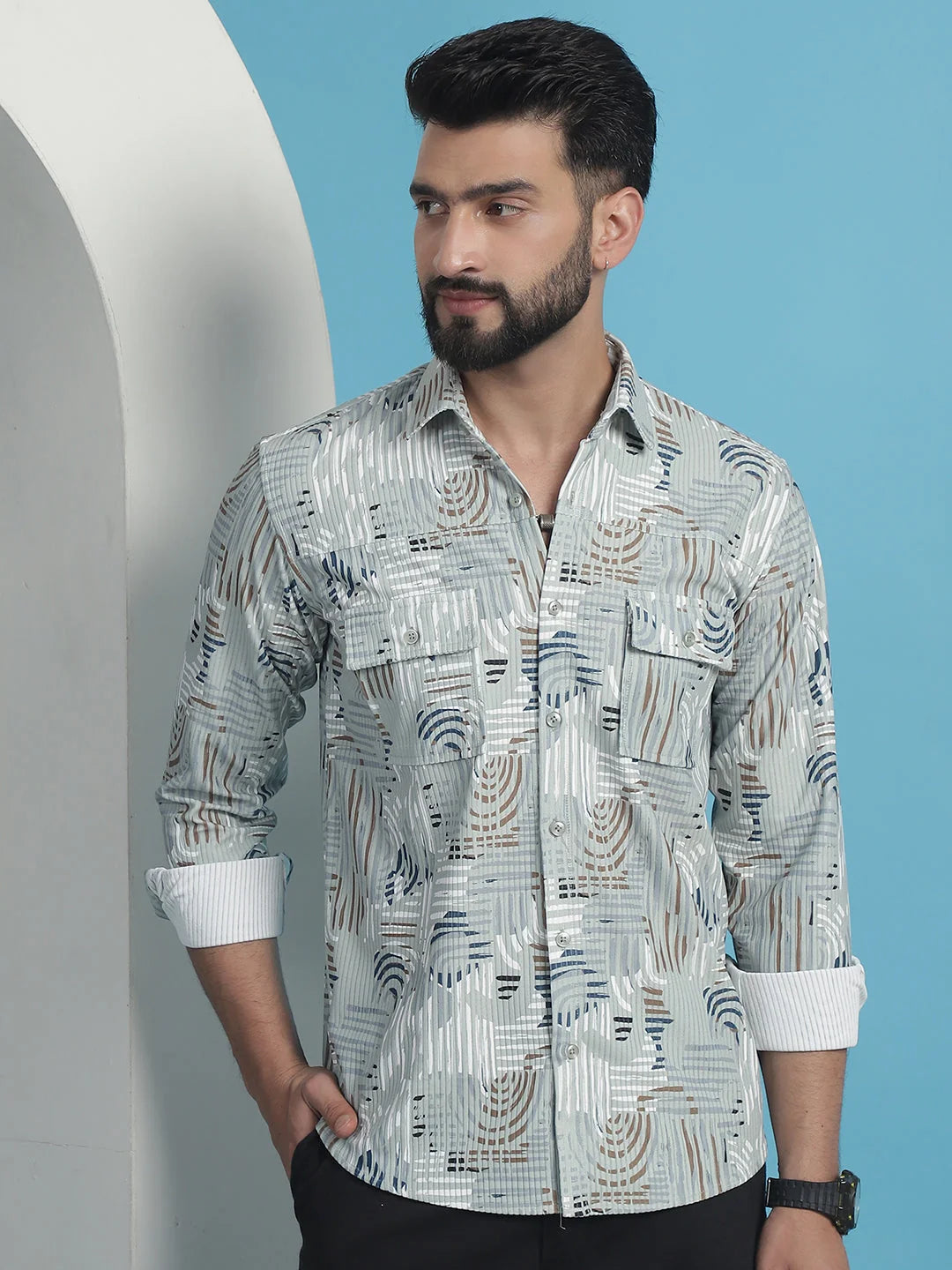 Mens Printed Corduroy Cotton Shirt - SF-930Pista Cotton Shirt