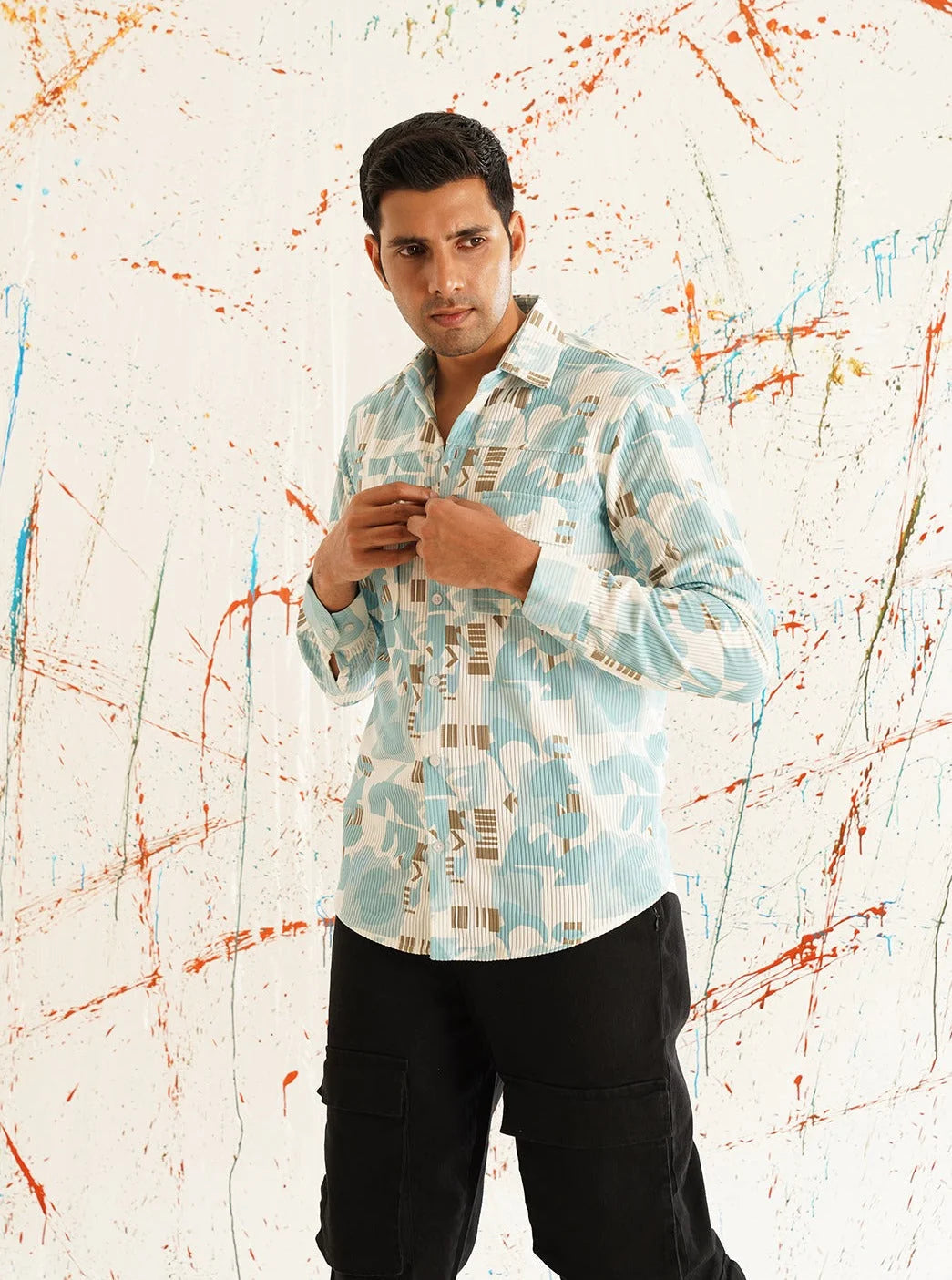 Sky Blue Printed Spread Collar Cotton Curved Casual Shirt-SF-930Sky