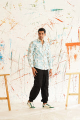 Sky Blue Printed Spread Collar Cotton Curved Casual Shirt-SF-930Sky