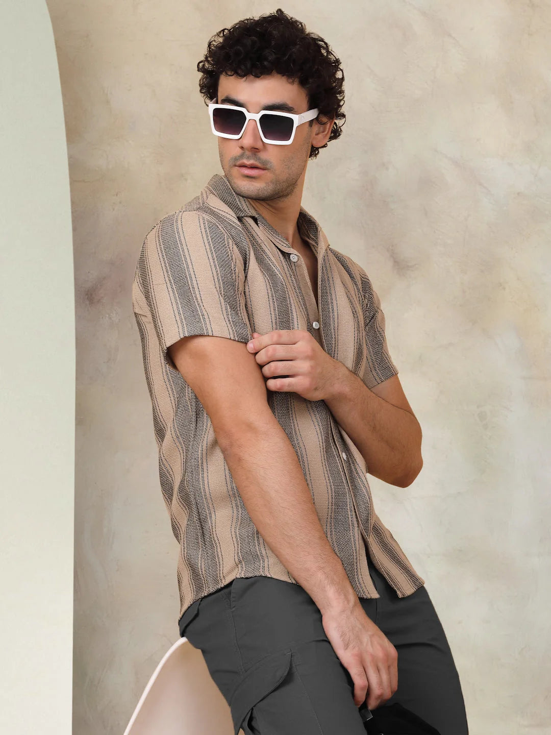 Striped Half Sleeve Cotton Shirt for Men-SF-931Beige