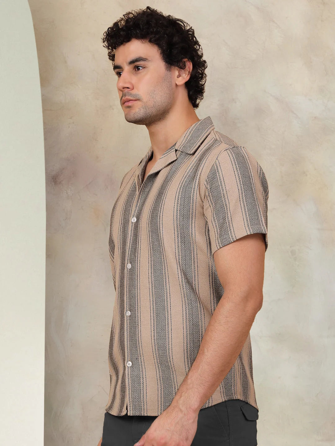 Beige Striped Cotton Shirt | Mens Short Sleeve Casual Shirt