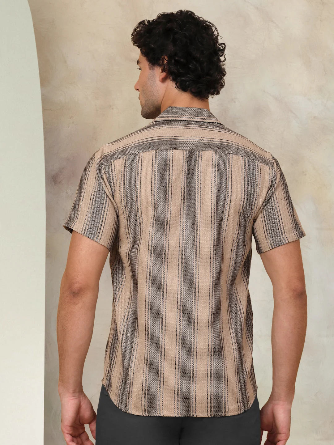 Beige Striped Cotton Shirt | Mens Short Sleeve Casual Shirt