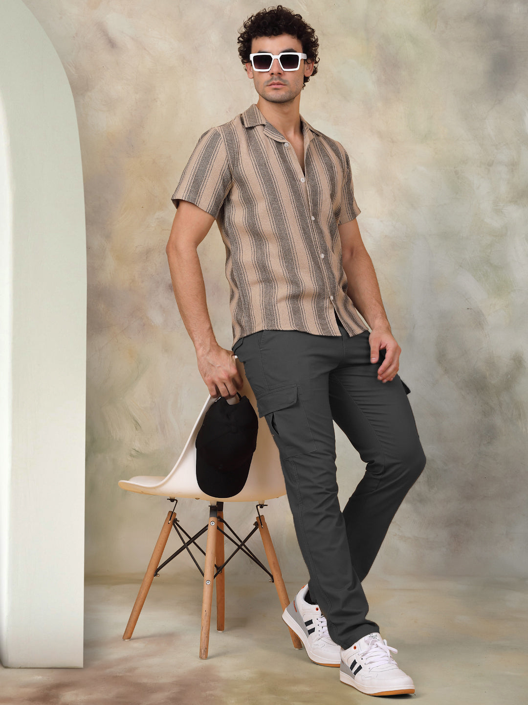 Beige Striped Cotton Shirt | Mens Short Sleeve Casual Shirt