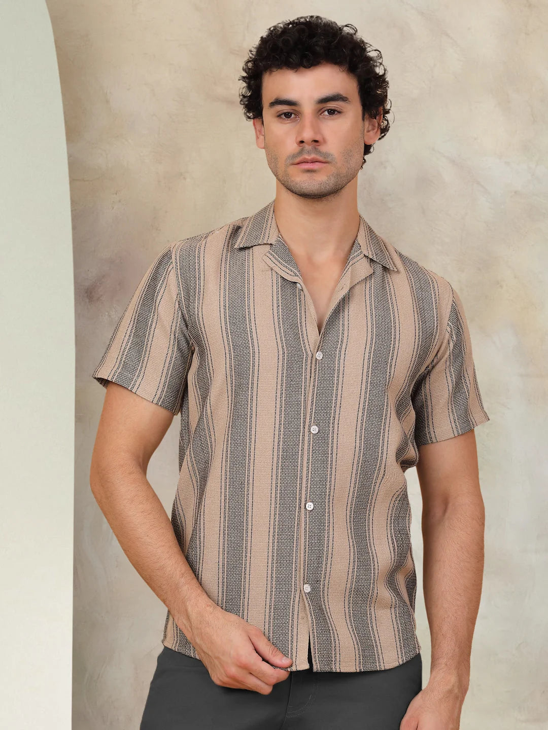 Beige Striped Cotton Shirt | Mens Short Sleeve Casual Shirt