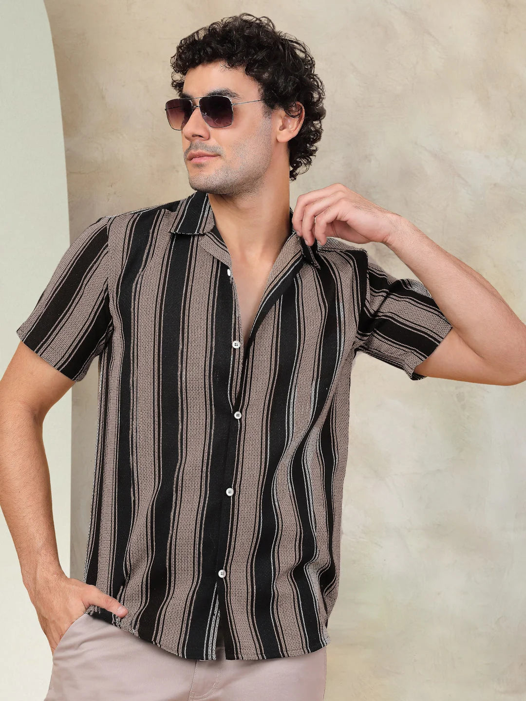 Striped Half Sleeve Cotton Shirt for Men-SF-931Black
