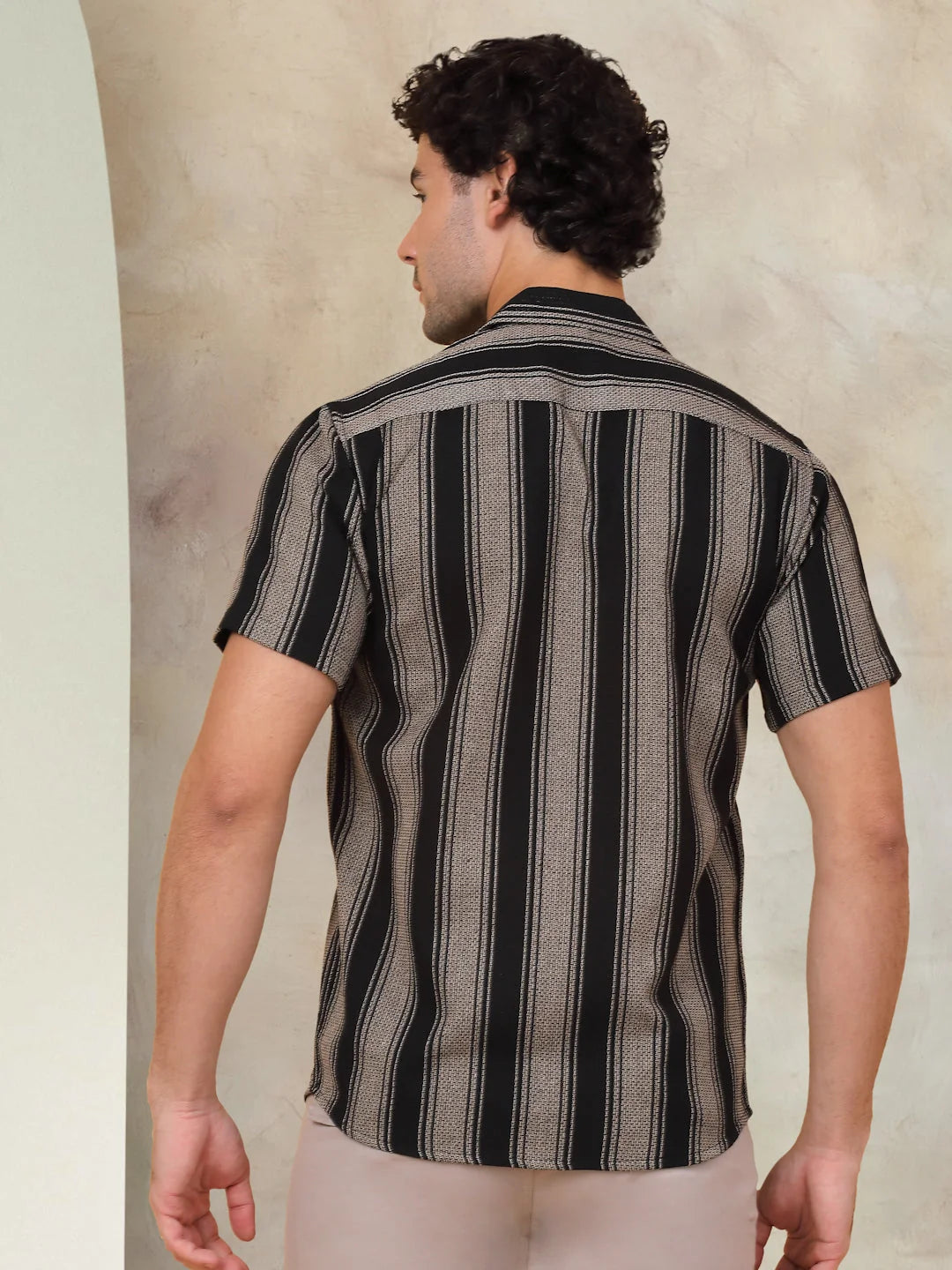 Black Striped Cotton Shirt | Short Sleeve Cuban Collar Shirt