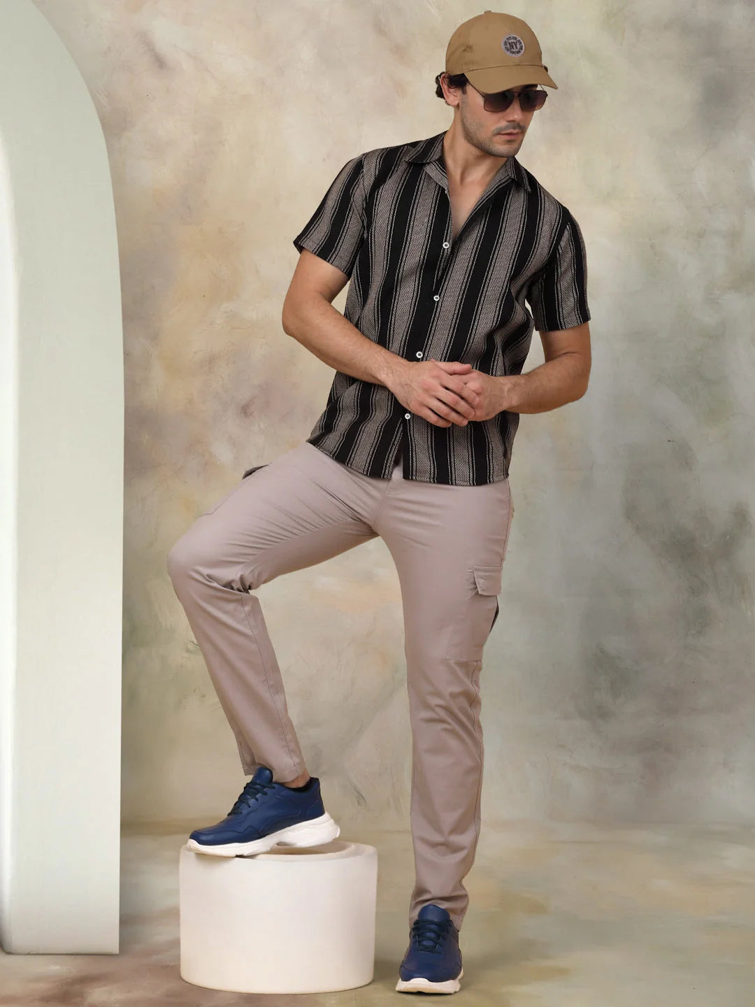 Black Striped Cotton Shirt | Short Sleeve Cuban Collar Shirt