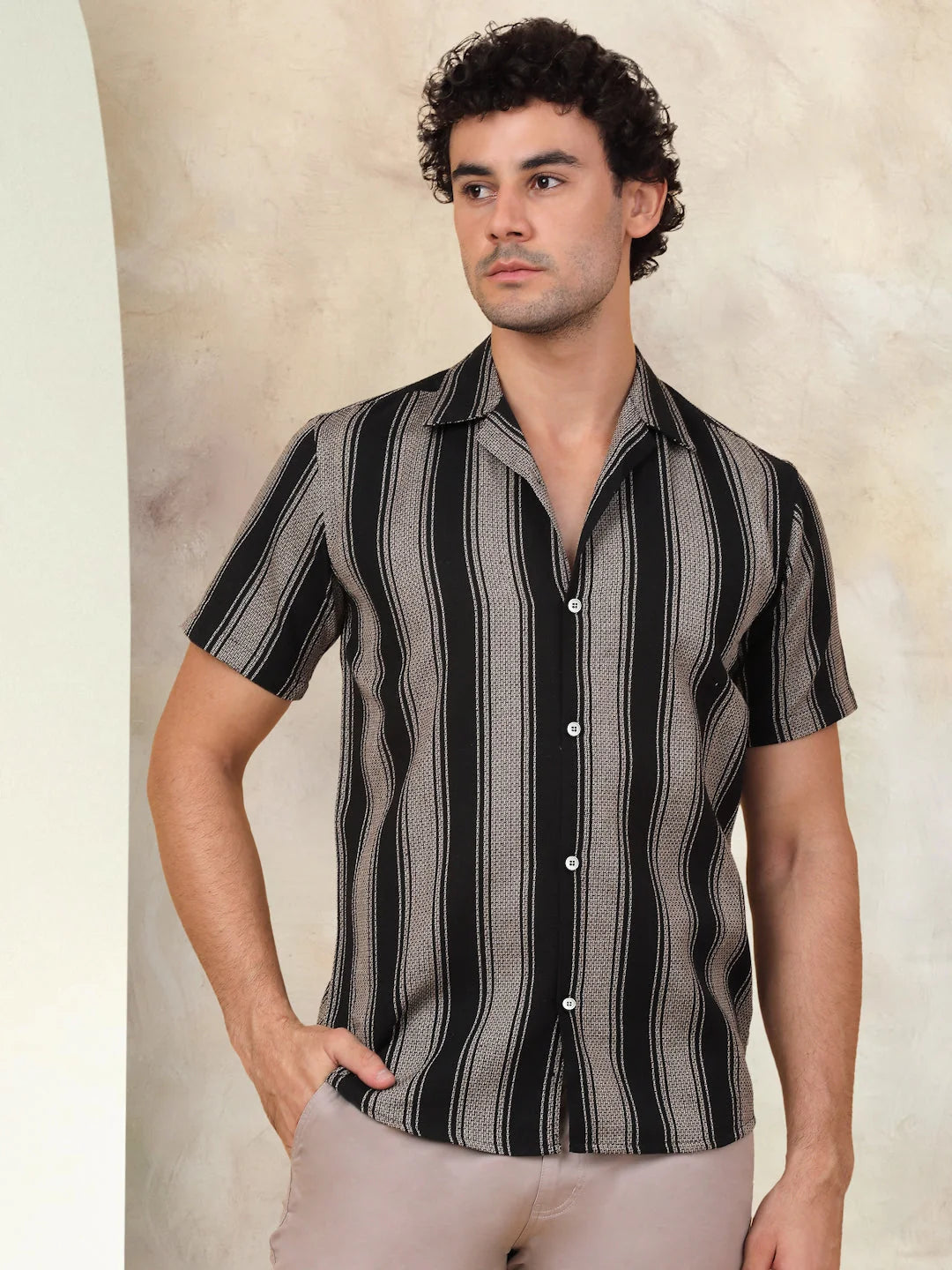 Black Striped Cotton Shirt | Short Sleeve Cuban Collar Shirt