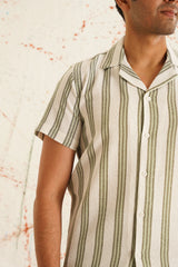 Classic Striped Spread Collar Cotton Curved Casual Shirt-SF-931Green