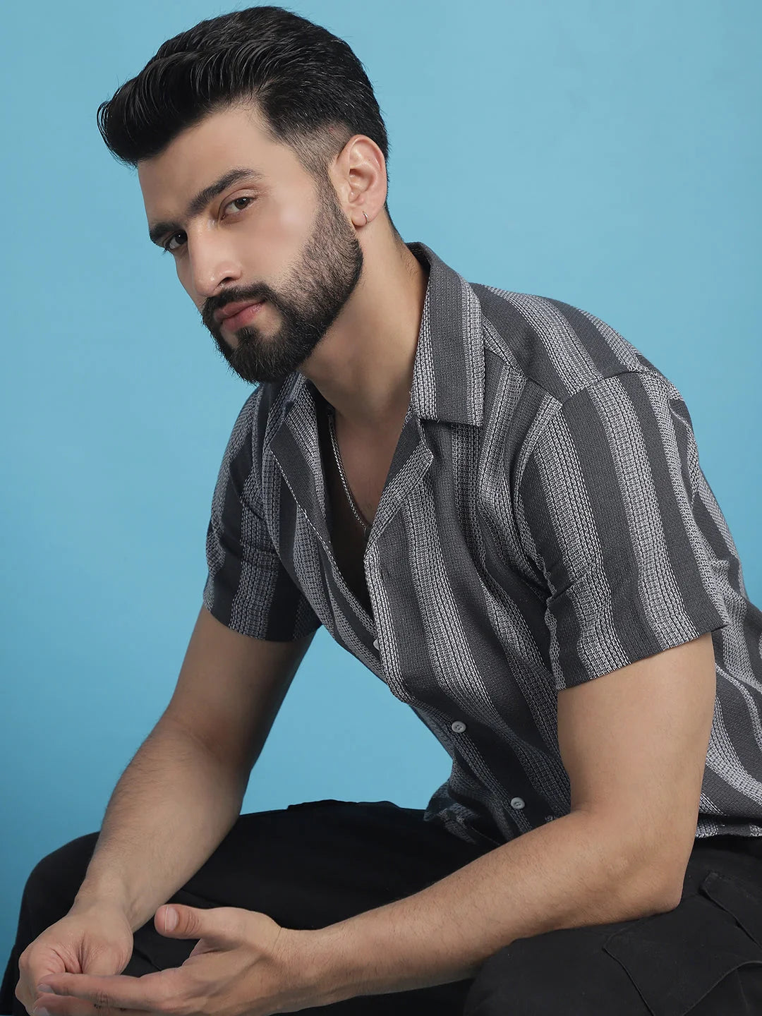 Printed Cotton Mens Shirt - Grey Striped Half Sleeve Casual Top