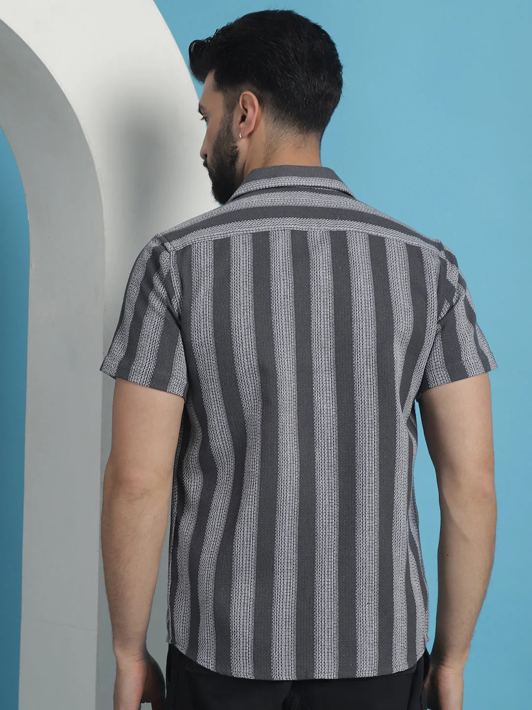 Printed Cotton Mens Shirt - Grey Striped Half Sleeve Casual Top