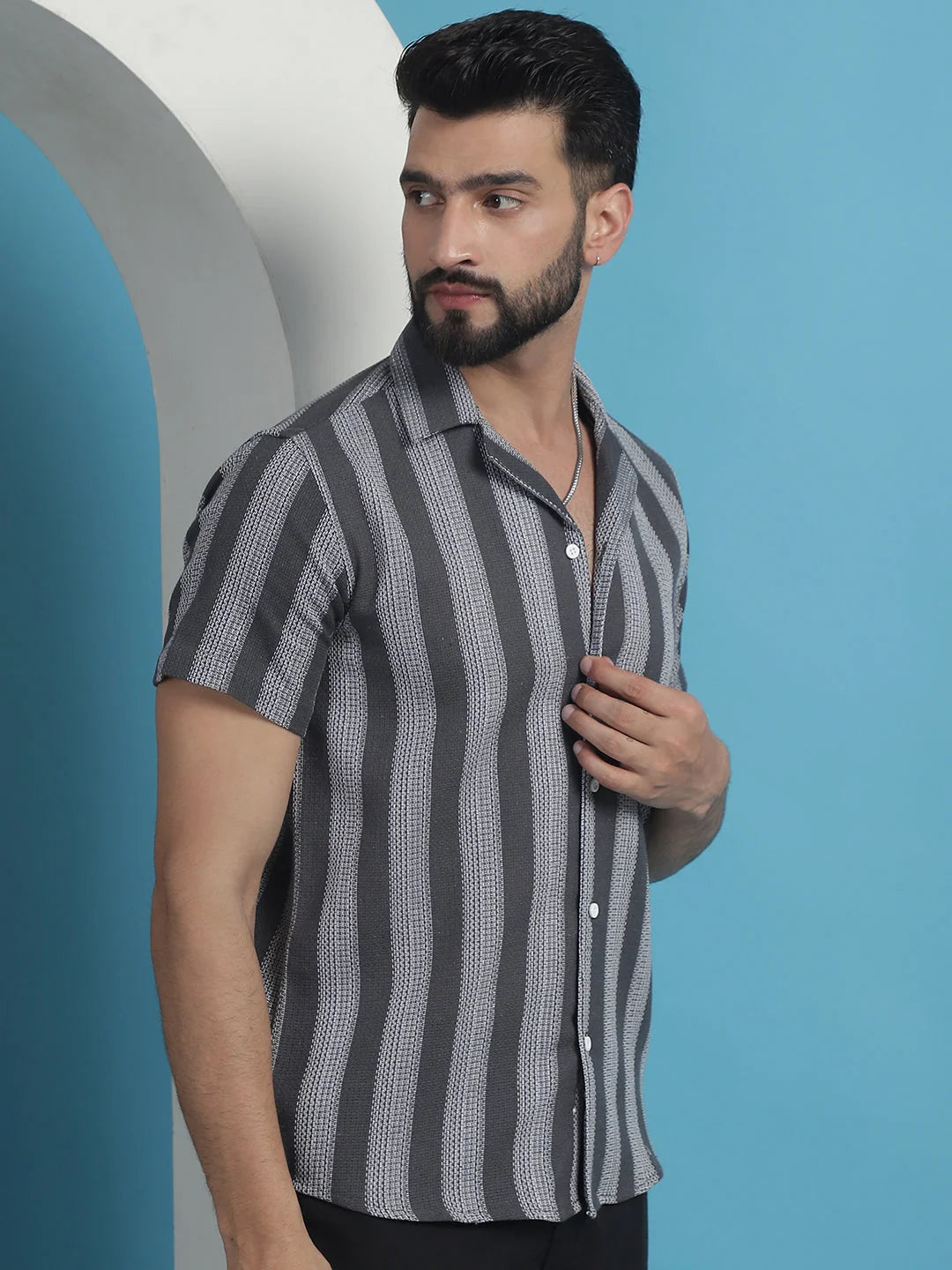 Printed Cotton Mens Shirt - Grey Striped Half Sleeve Casual Top
