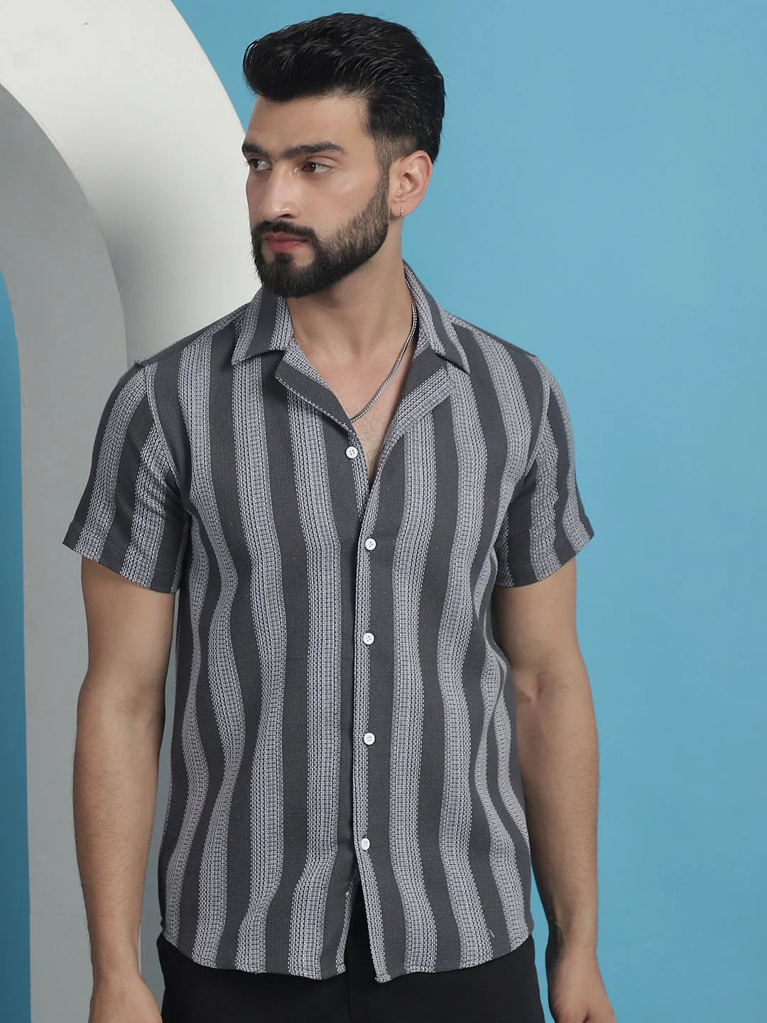 Printed Cotton Mens Shirt - Grey Striped Half Sleeve Casual Top