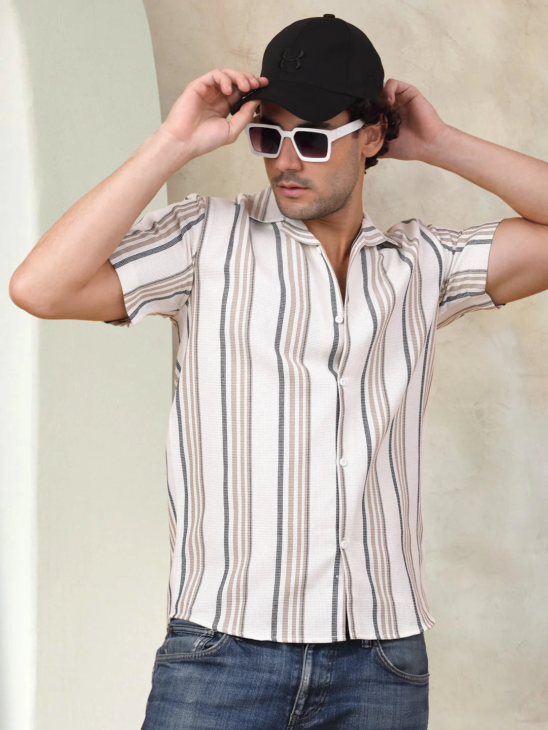 Striped Half Sleeve Cotton Shirt for Men-SF-931Light-Brown