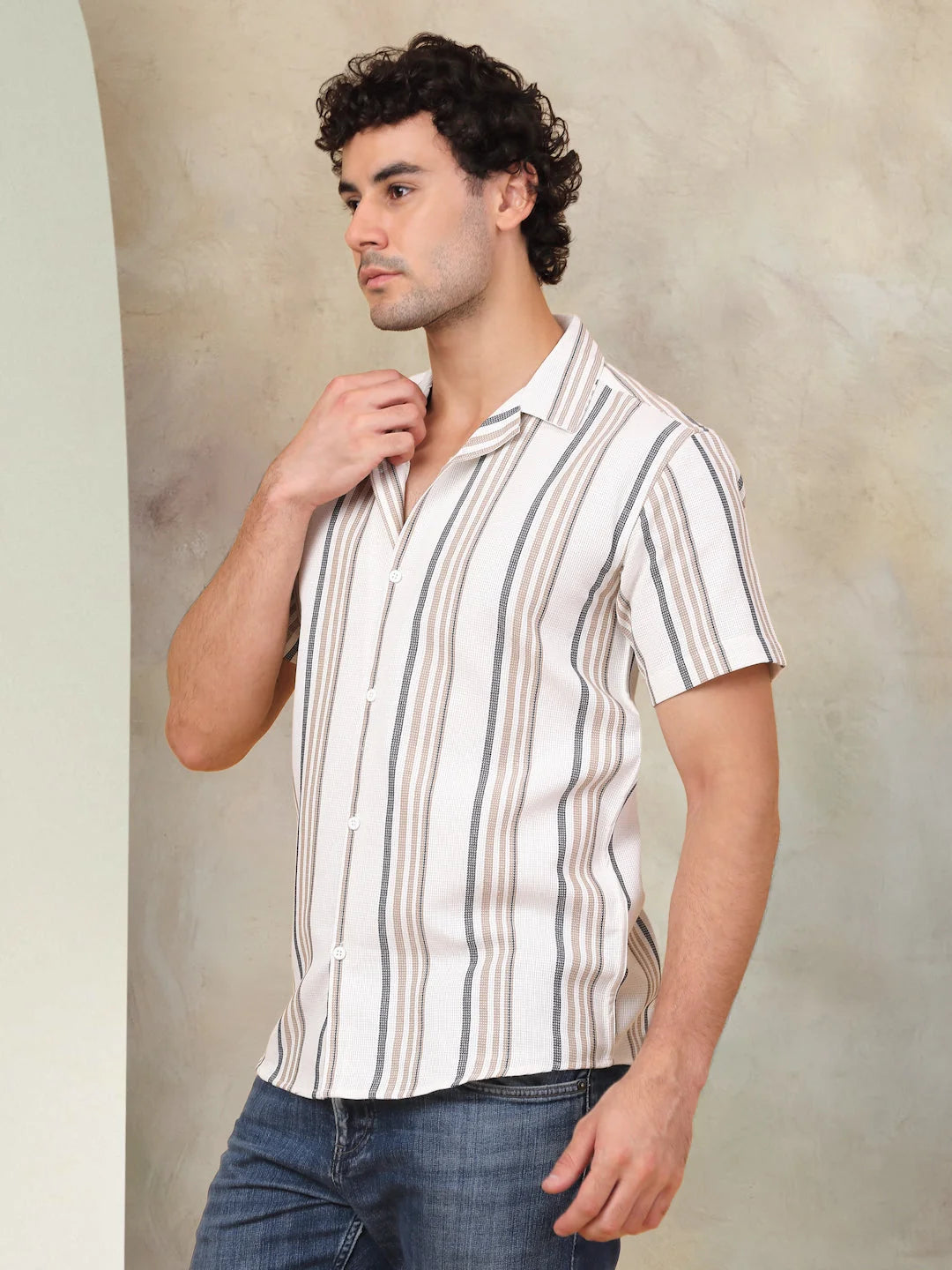 Light Brown Striped Cotton Shirt | Cuban Collar Mens Shirt