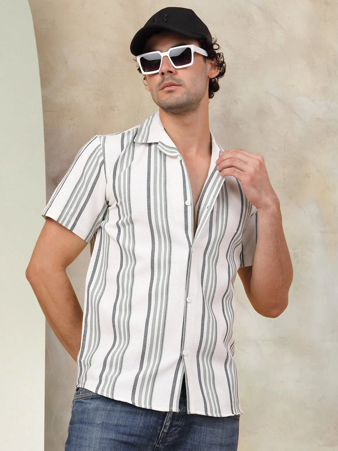 Off-White Striped Cotton Shirt | Short Sleeve Mens Shirt