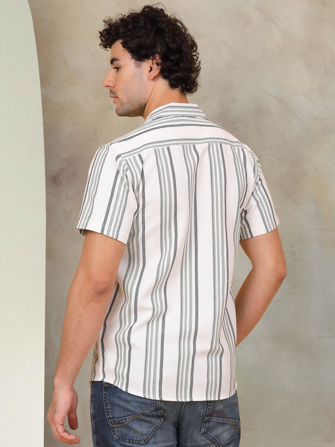 Off-White Striped Cotton Shirt | Short Sleeve Mens Shirt