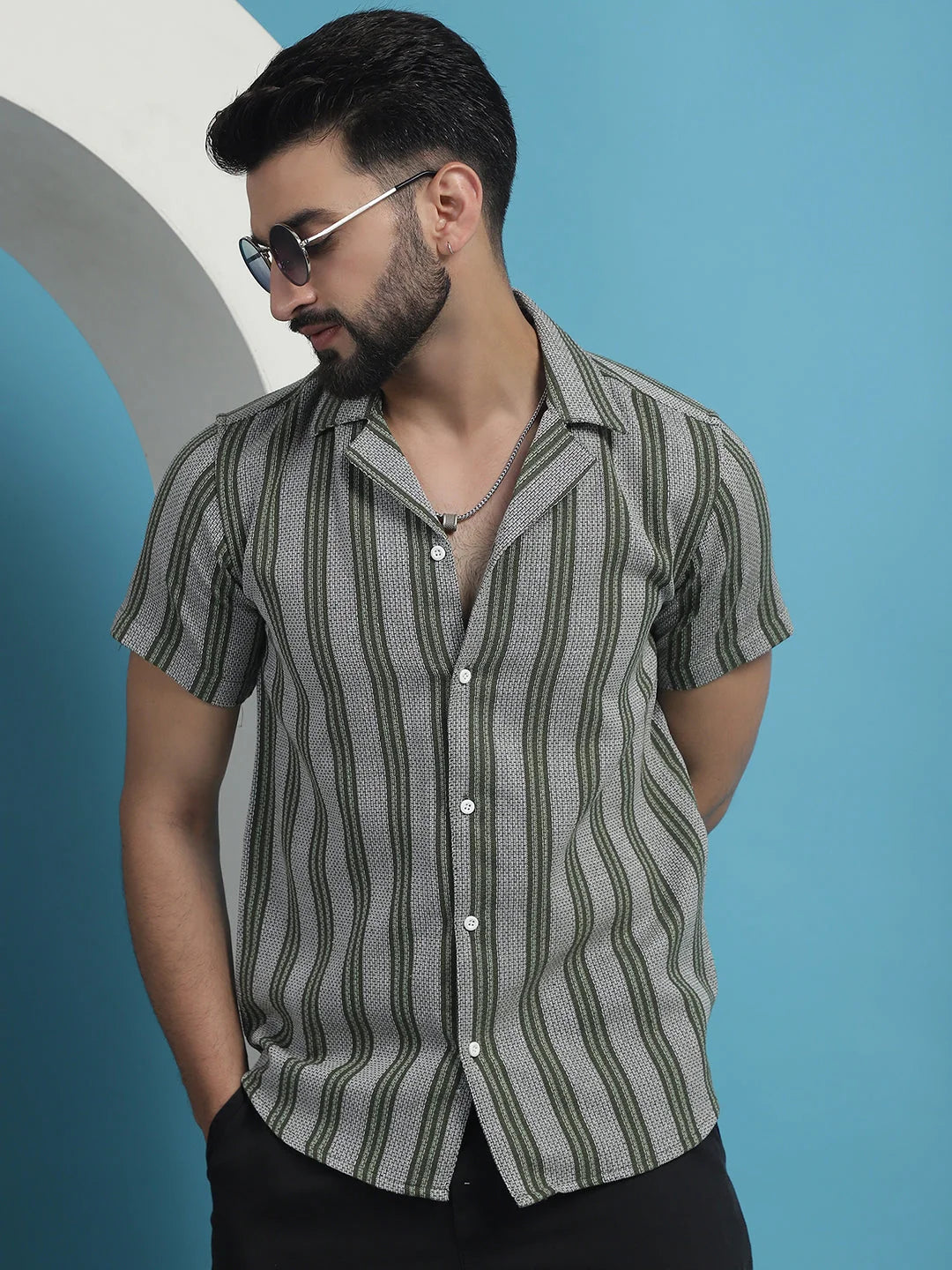 Olive Printed Half Sleeve Cotton Shirt for Men - Stylish Look