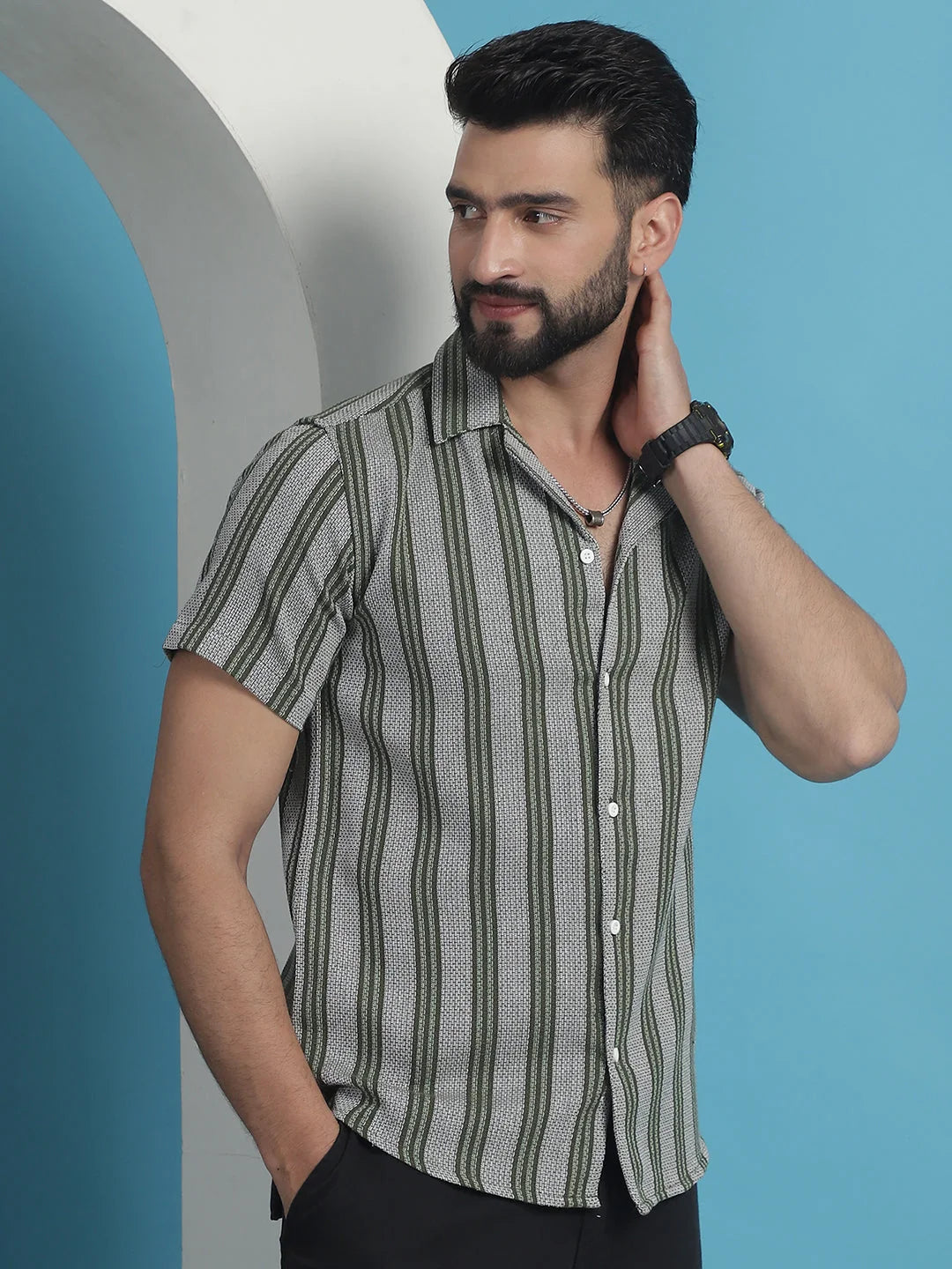 Olive Printed Half Sleeve Cotton Shirt for Men - Stylish Look
