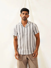 Classic Gey Striped Spread Collar Cotton Curved Casual Shirt-SF-931White