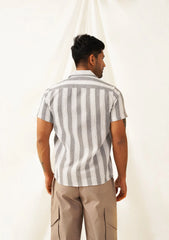 Classic Gey Striped Spread Collar Cotton Curved Casual Shirt-SF-931White