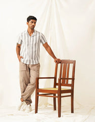 Classic Gey Striped Spread Collar Cotton Curved Casual Shirt-SF-931White