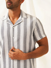 Classic Gey Striped Spread Collar Cotton Curved Casual Shirt-SF-931White