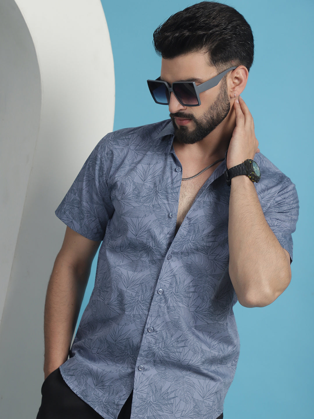 Printed Cotton Shirt for Men - Half Sleeve, Grey Casual Shirt