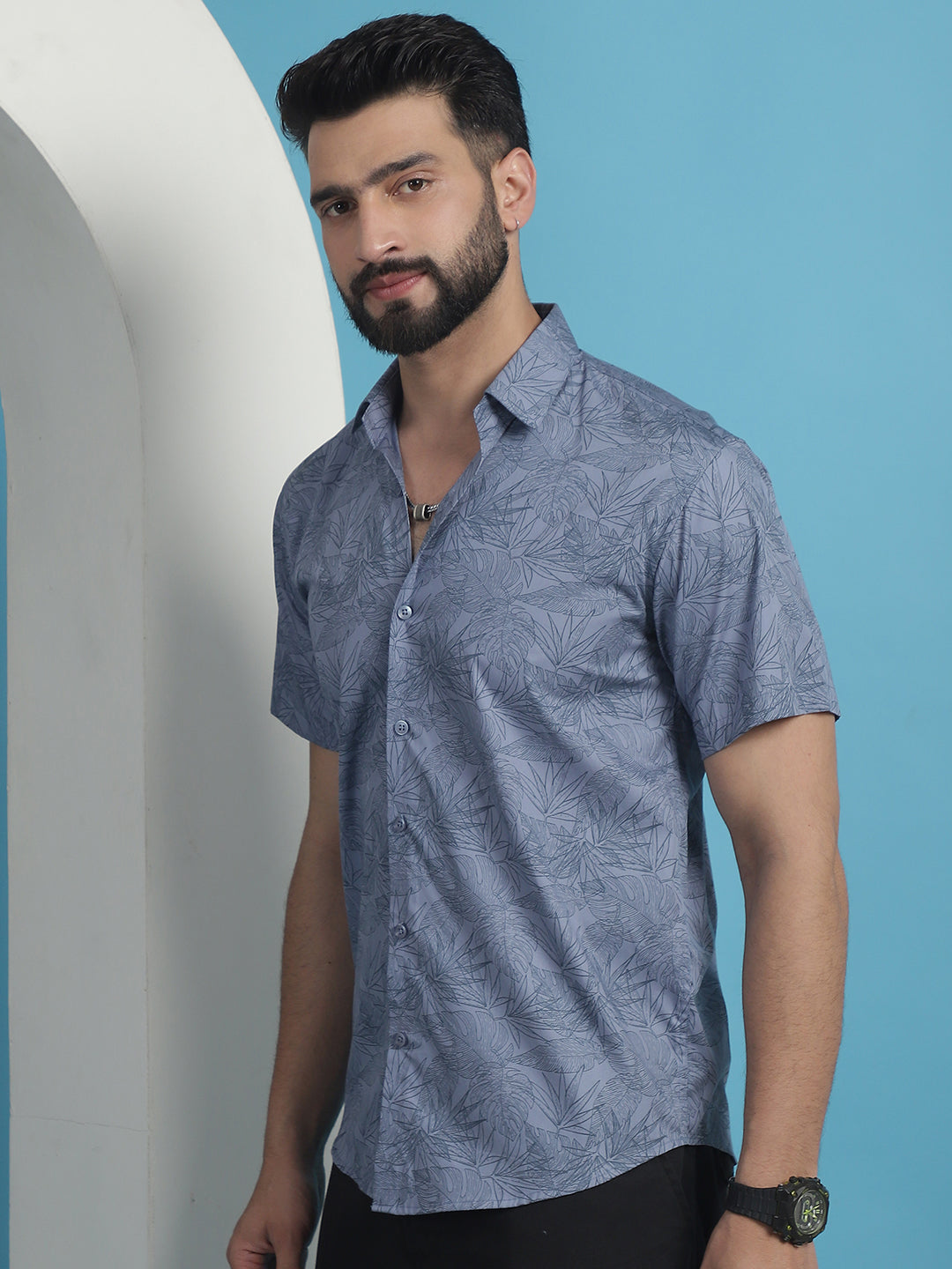 Printed Cotton Shirt for Men - Half Sleeve, Grey Casual Shirt