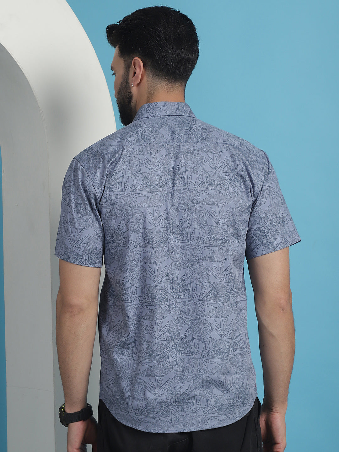 Printed Cotton Shirt for Men - Half Sleeve, Grey Casual Shirt