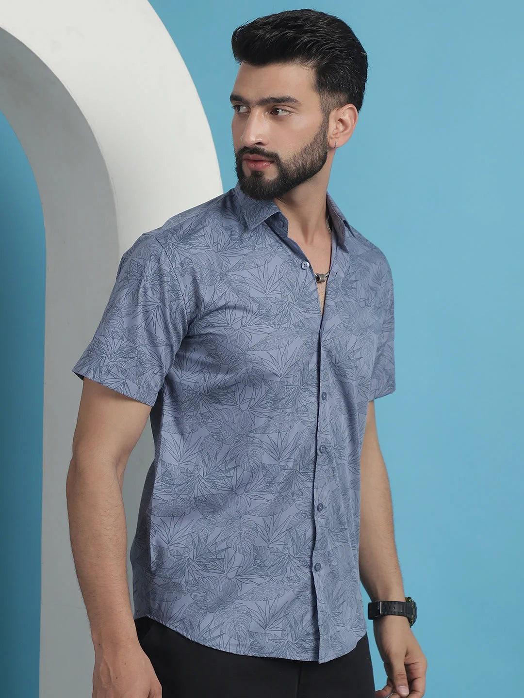 Printed Cotton Shirt for Men - Half Sleeve, Grey Casual Shirt
