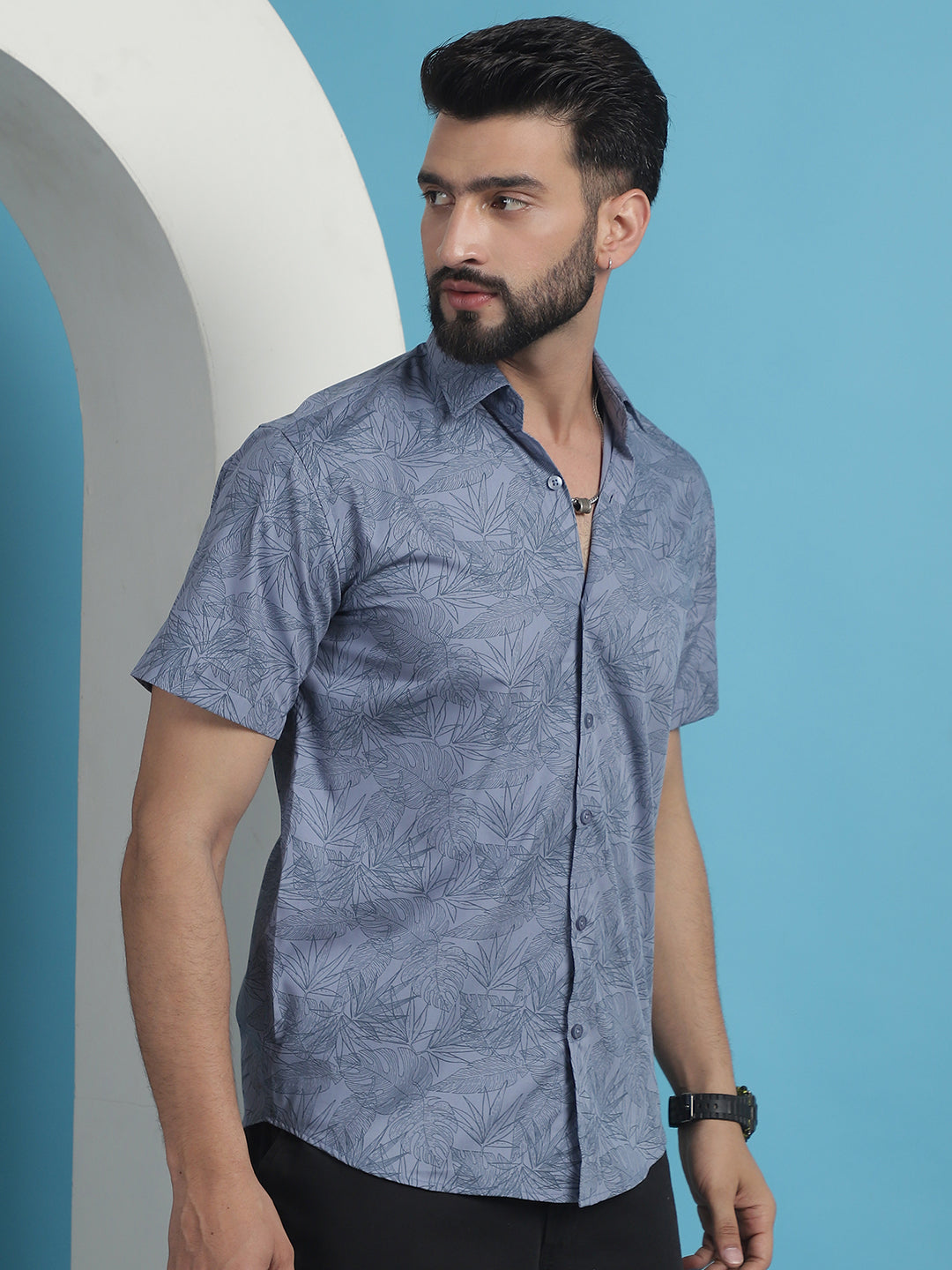 Printed Cotton Shirt for Men - Half Sleeve, Grey Casual Shirt