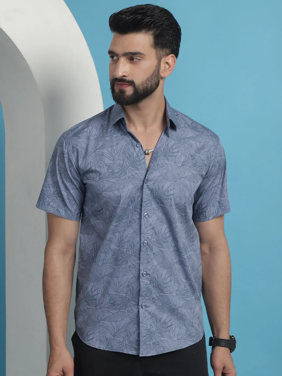 Printed Cotton Shirt for Men - Half Sleeve, Grey Casual Shirt