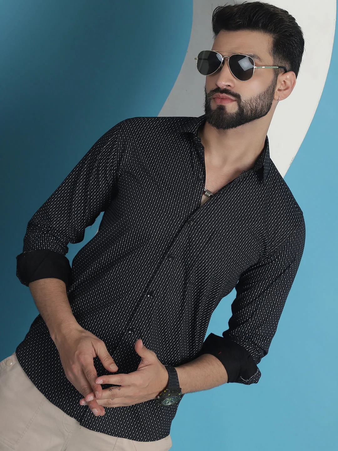 Black Geometric Printed Cotton Shirt | Long Sleeve Mens Shirt