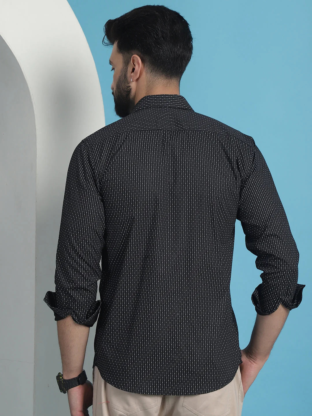 Black Geometric Printed Cotton Shirt | Long Sleeve Mens Shirt
