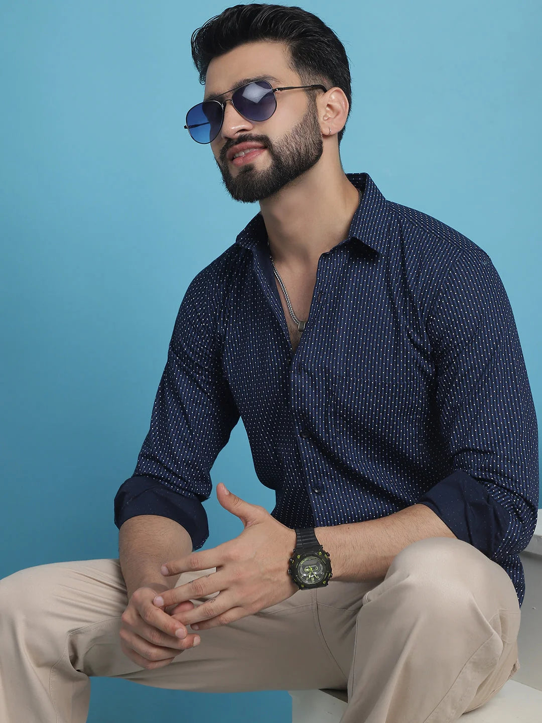 Navy Blue Geometric Printed Cotton Casual Shirt-SF-933Navy