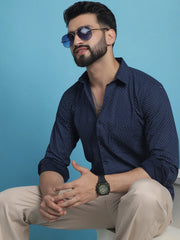 Navy Blue Geometric Printed Cotton Casual Shirt-SF-933Navy