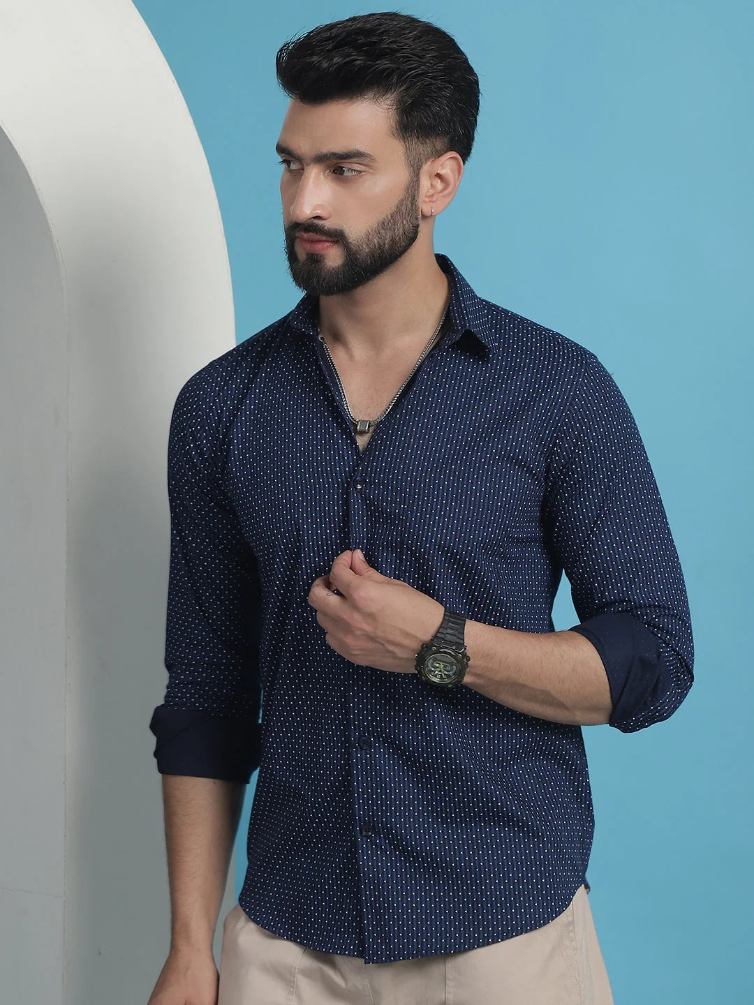 Navy Blue Geometric Printed Cotton Shirt | Mens Casual Shirt