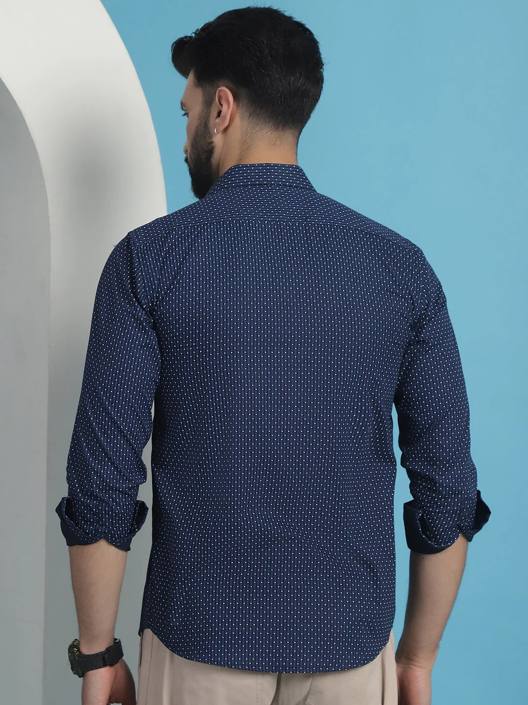 Navy Blue Geometric Printed Cotton Shirt | Mens Casual Shirt
