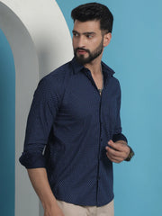 Navy Blue Geometric Printed Cotton Casual Shirt-SF-933Navy
