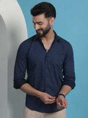 Navy Blue Geometric Printed Cotton Casual Shirt-SF-933Navy