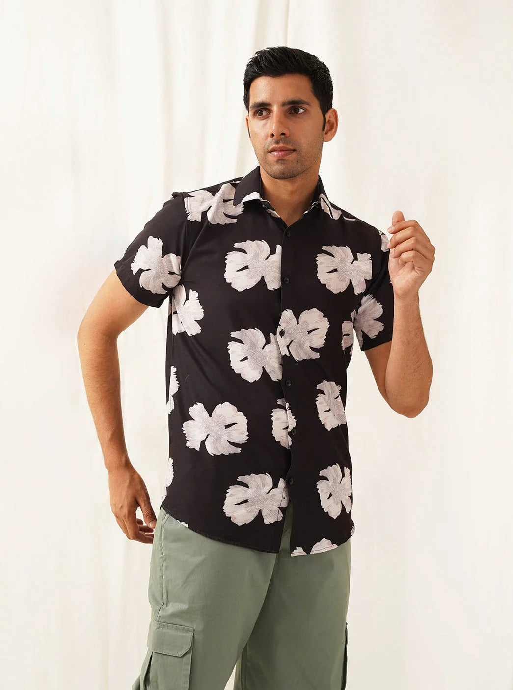 Black Floral Printed Cotton Mens Shirt | Casual Style