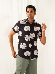 Classic Floral Printed Spread Collar Cotton Curved Casual Shirt-SF-934Black